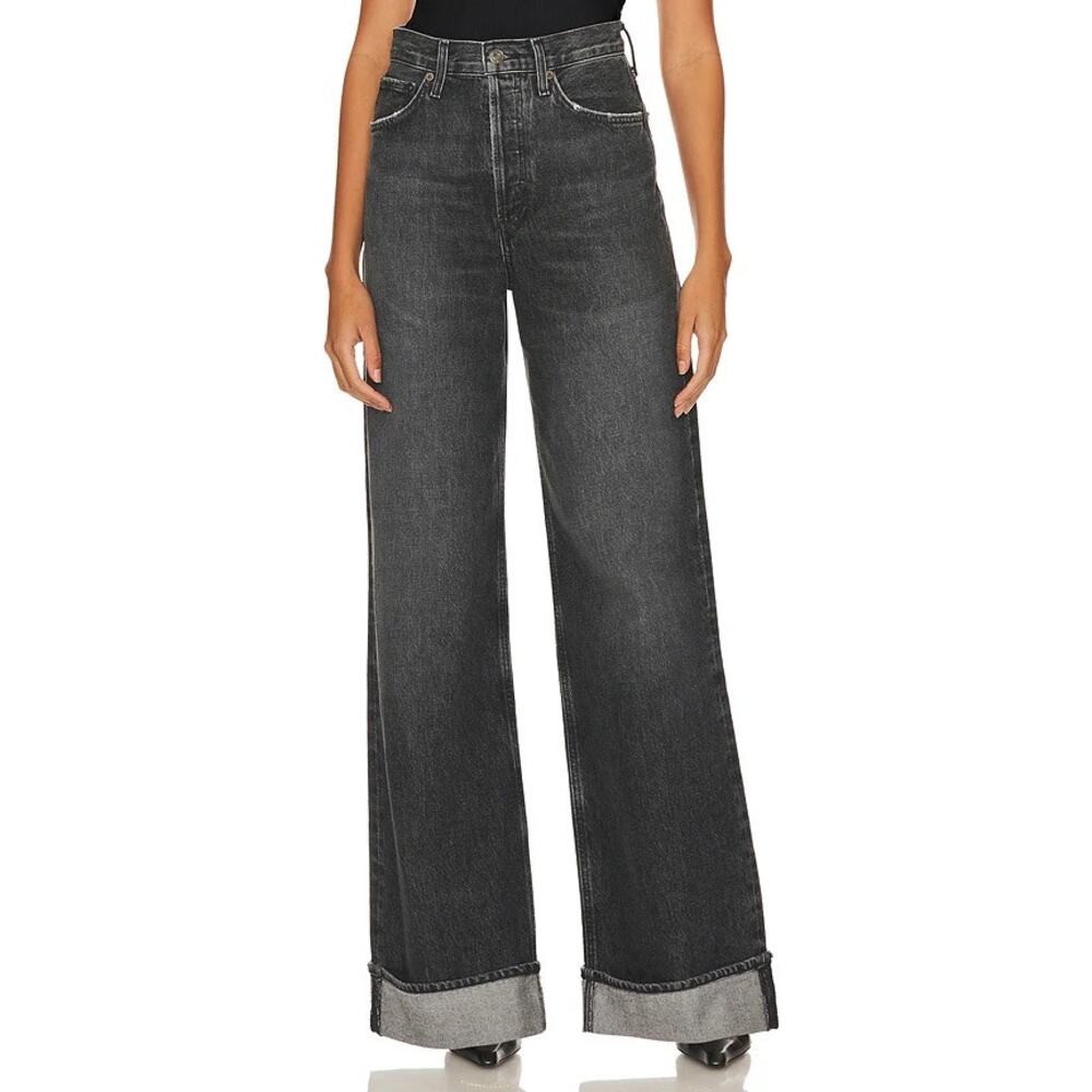 AGOLDE Dame Jean High Rise Wide Leg Size 32 Ditch Black Cuffed Jeans - Picture 6 of 12